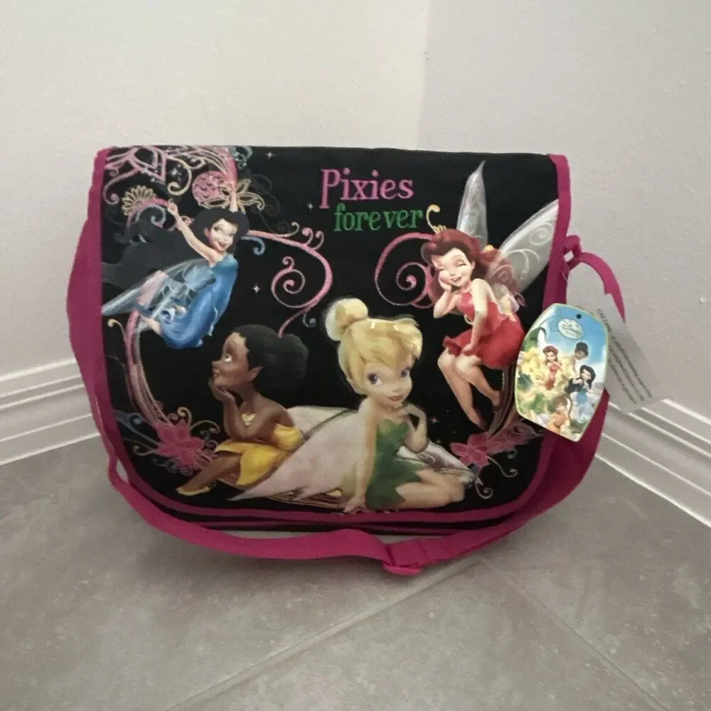 Disney Fairies Tinker Bell Medium Shoulder Bag Black/Pink New tag size 14 x 12”